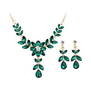 Elegant Green and Gold Crystal Rhinestone Necklace and Earring Set